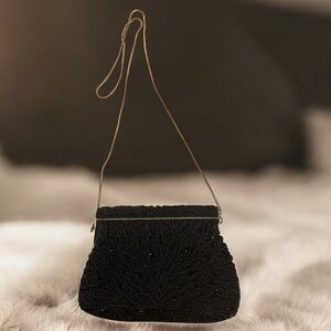 Vintage Lord & Taylor Black Beaded Evening Bag Gold Chain Shoulder Purse